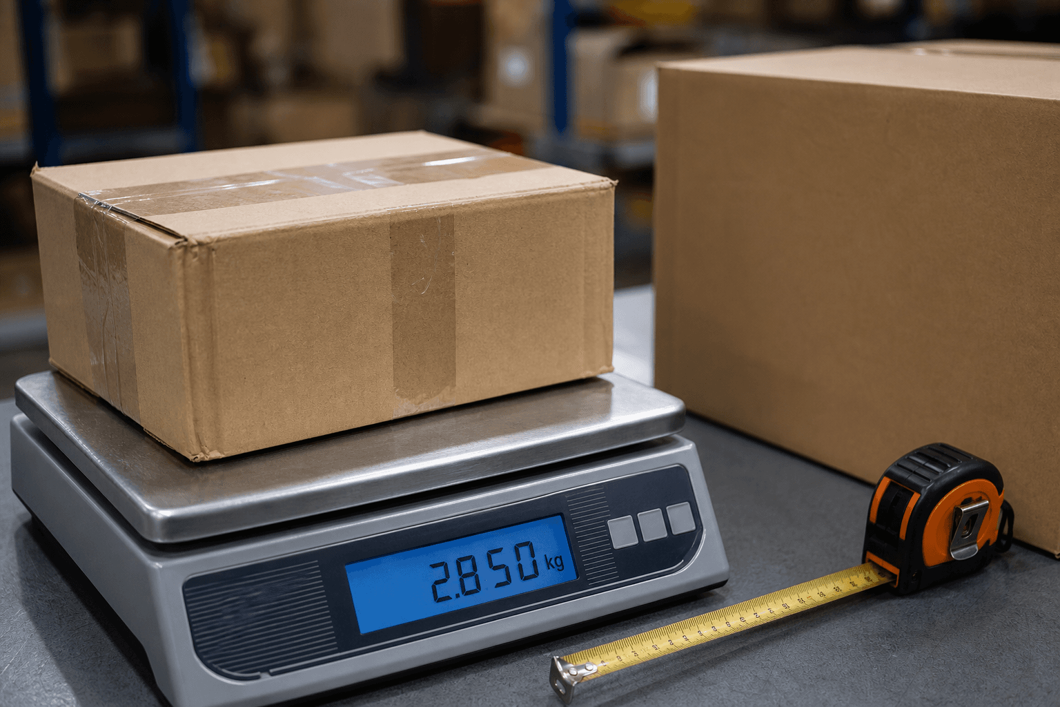 Parcel on a digital courier weighing scale next to a measuring tape and cardboard carton