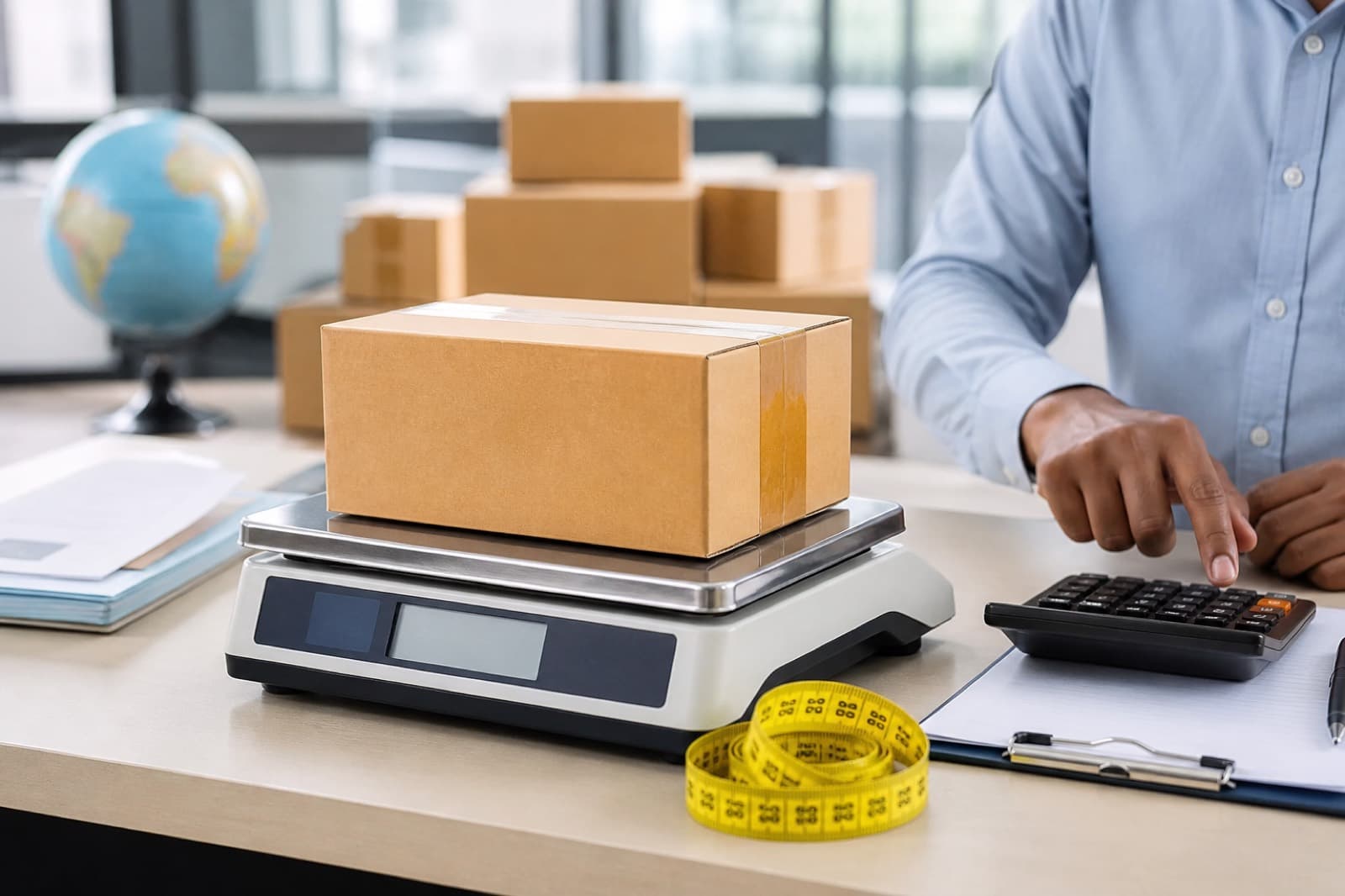 International courier parcel on a digital weighing scale for calculating shipping charges from India