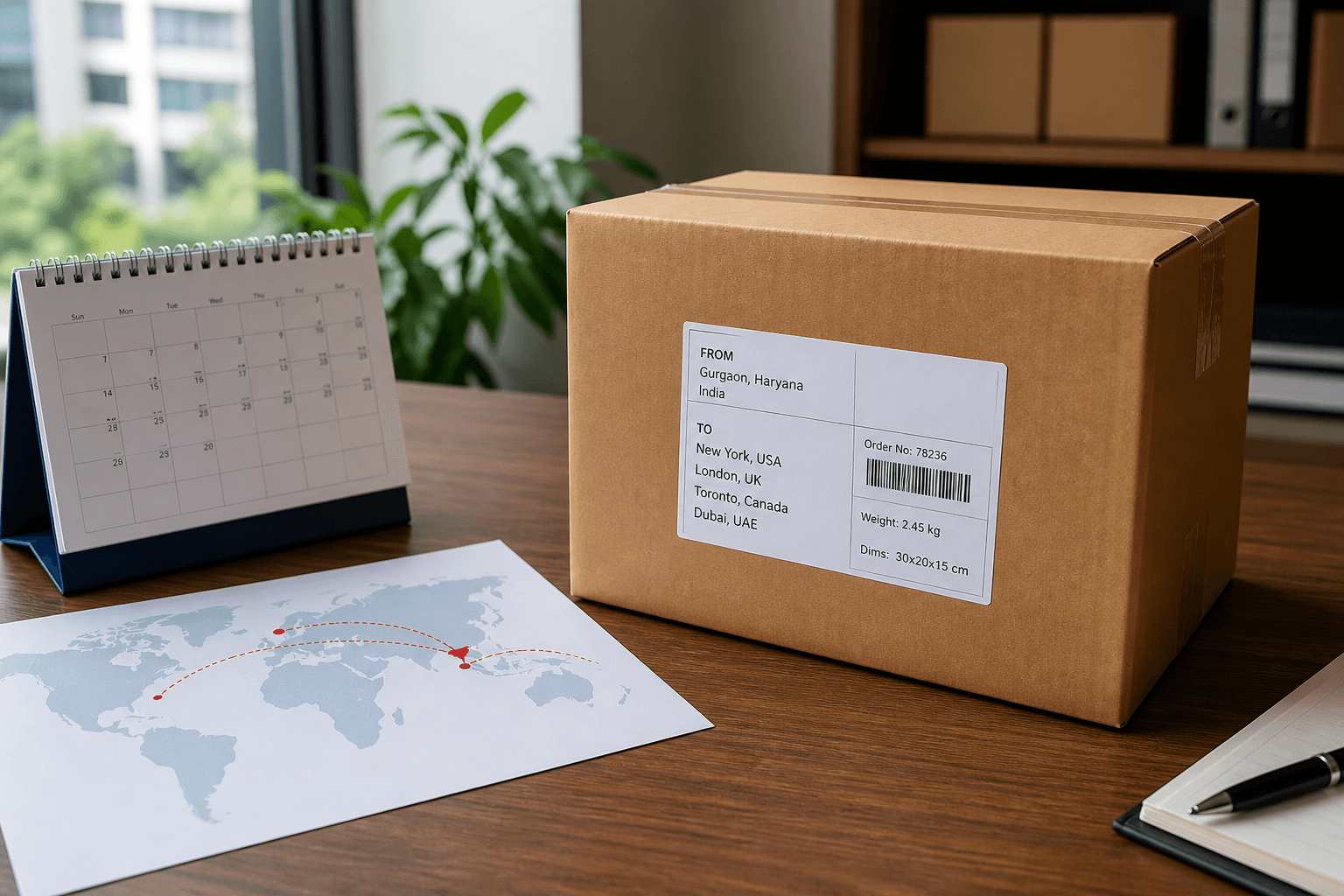 International courier carton with calendar and world map for estimating delivery time from India