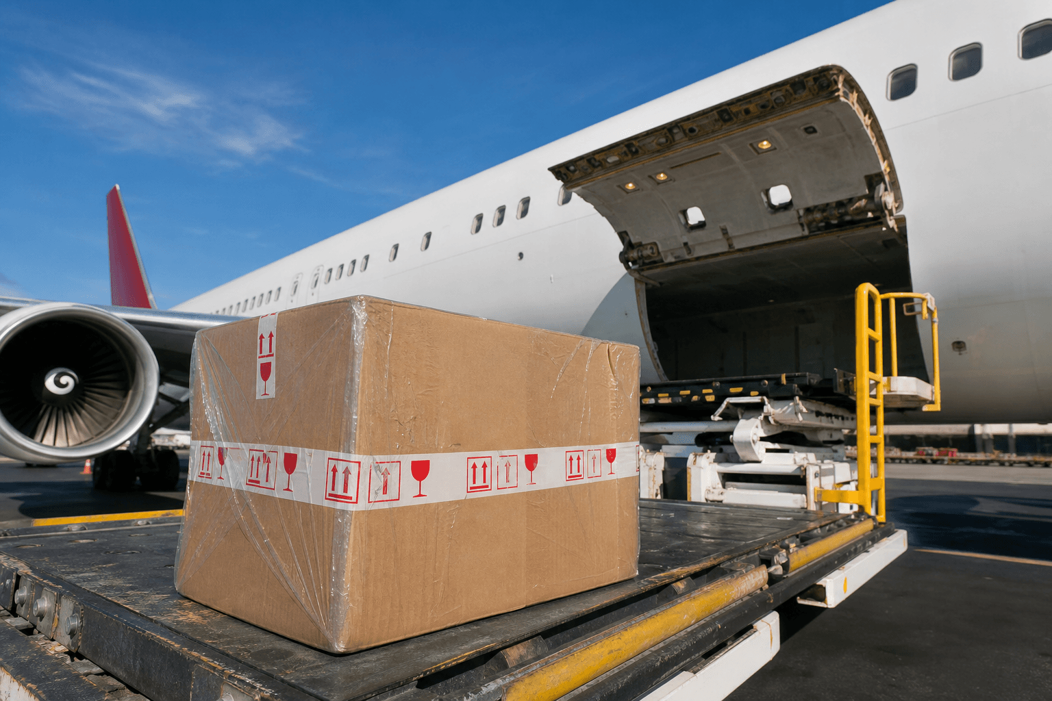 Sealed cardboard package on an airport cargo trolley ready for international air freight from India