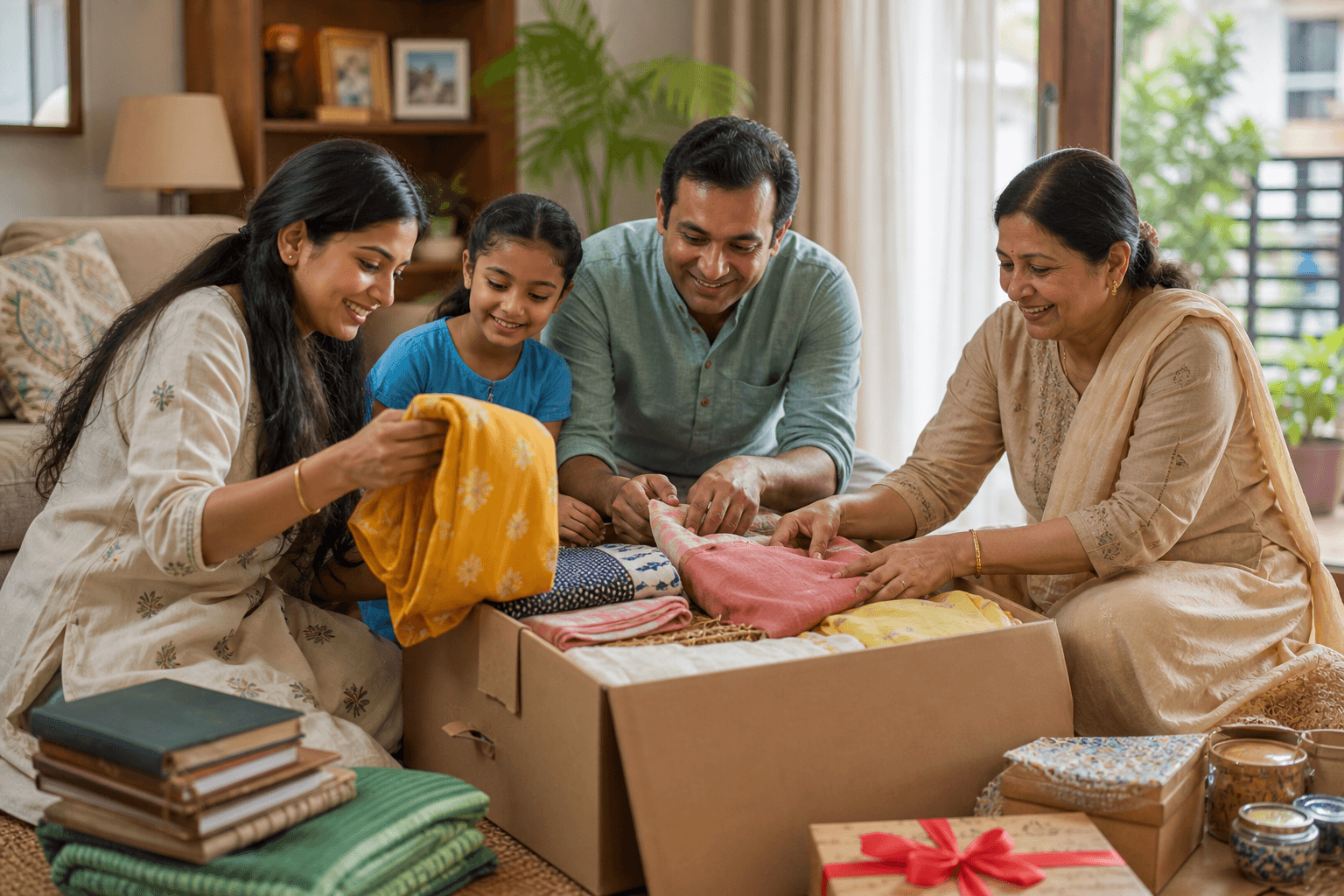 Family packing clothes and gifts into a carton for relatives living abroad