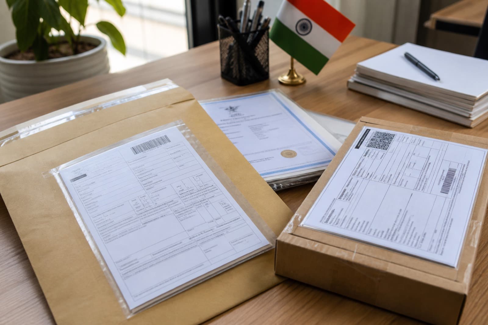 Document courier envelopes and certificates prepared for international shipping from India