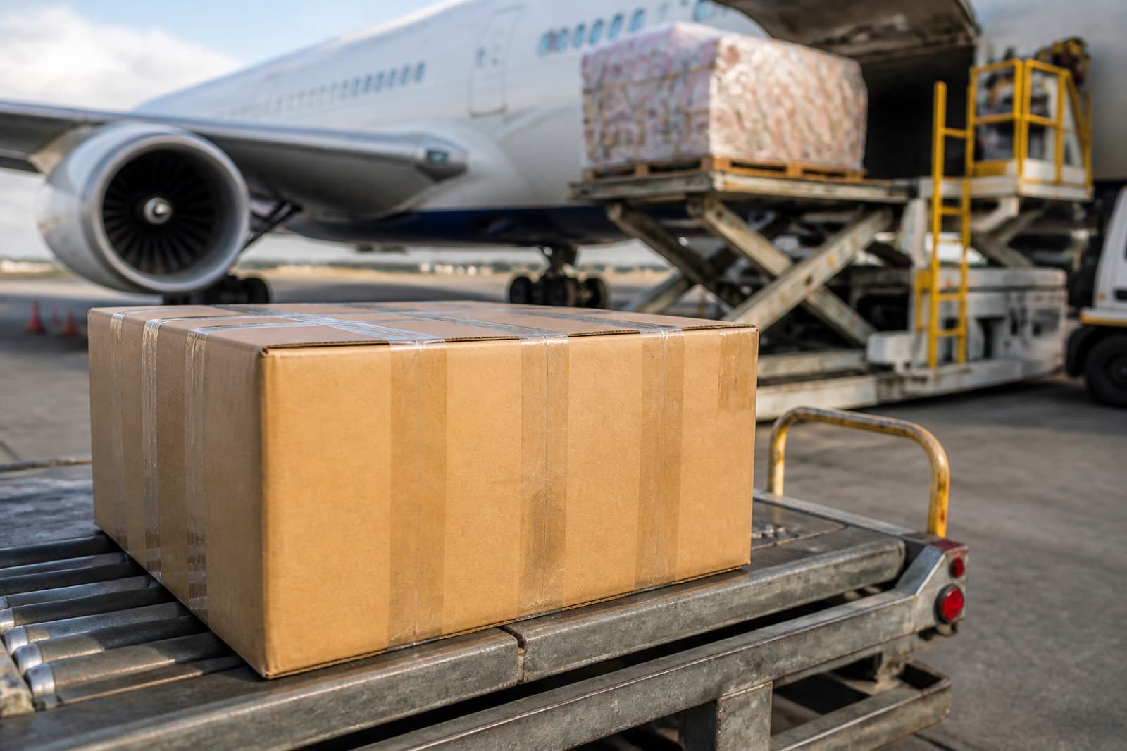 Express international courier parcel ready for priority air freight shipping