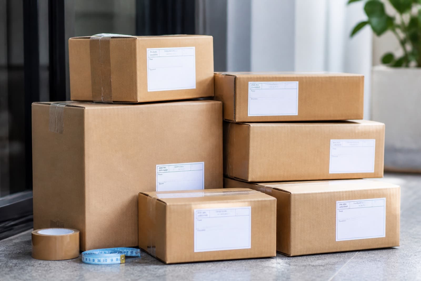 Sealed cardboard parcels packed for overseas courier shipping from Delhi NCR